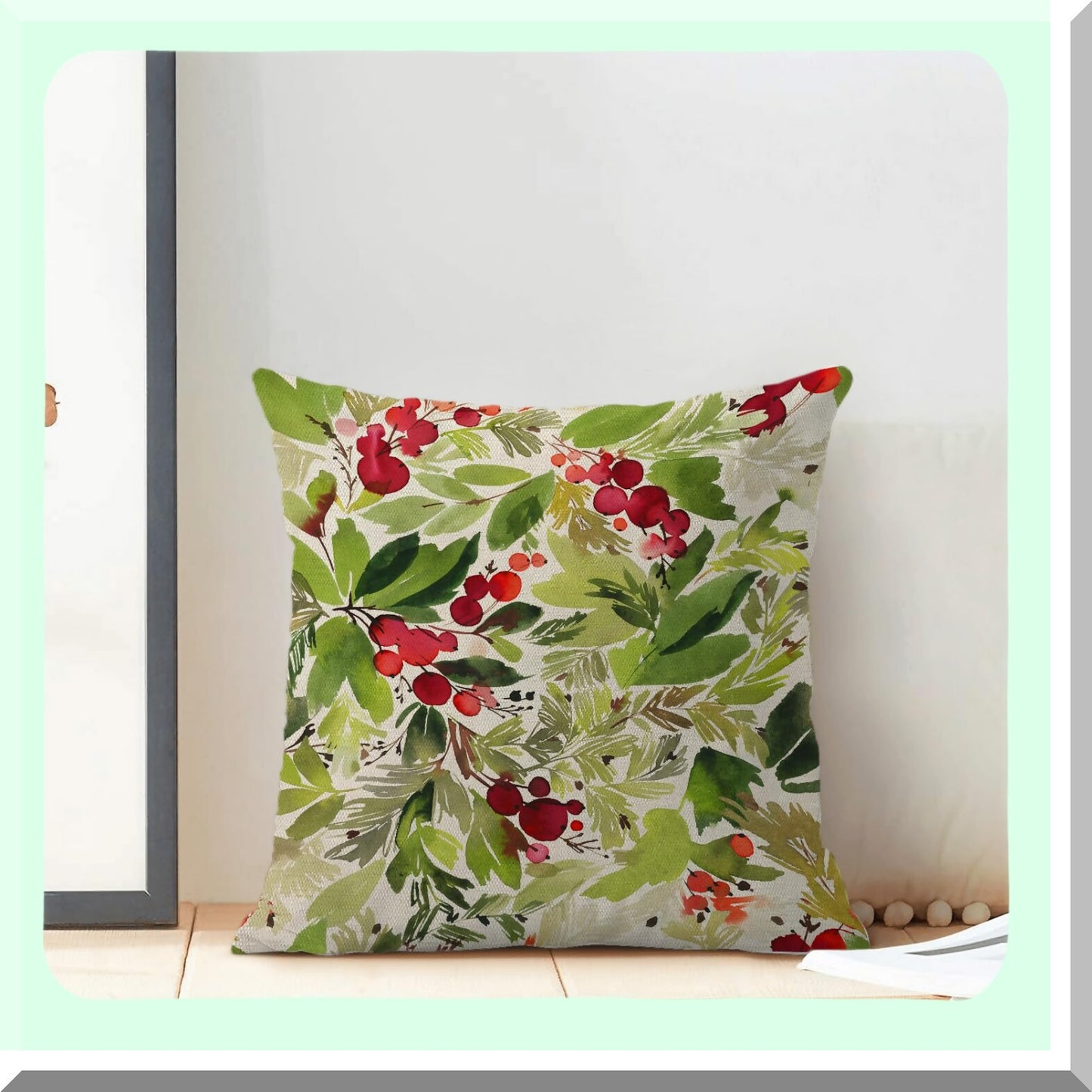 Winter Holly Farmhouse Pillow Covers - Set of 2 Watercolor Green Xmas Decor Cushion Cover 16x16 - Outdoor Decorative Throw Pillows for Couch, Bed, Car, Sofa - Linen Pillowcase