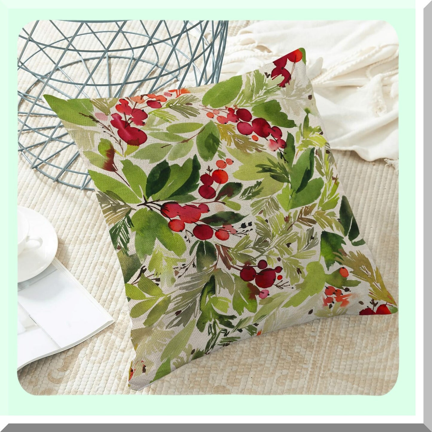Winter Holly Farmhouse Pillow Covers - Set of 2 Watercolor Green Xmas Decor Cushion Cover 16x16 - Outdoor Decorative Throw Pillows for Couch, Bed, Car, Sofa - Linen Pillowcase