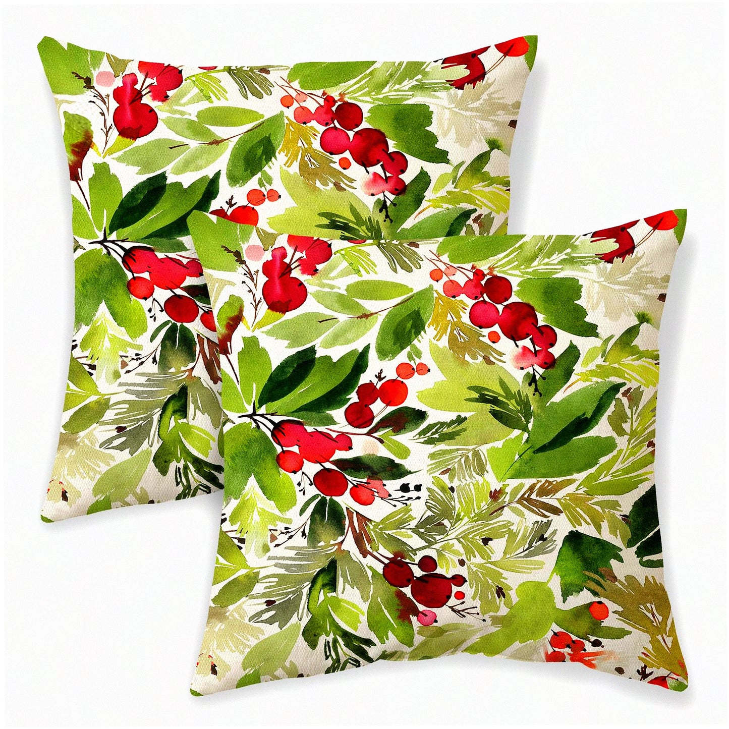 Winter Holly Farmhouse Pillow Covers - Set of 2 Watercolor Green Xmas Decor Cushion Cover 16x16 - Outdoor Decorative Throw Pillows for Couch, Bed, Car, Sofa - Linen Pillowcase