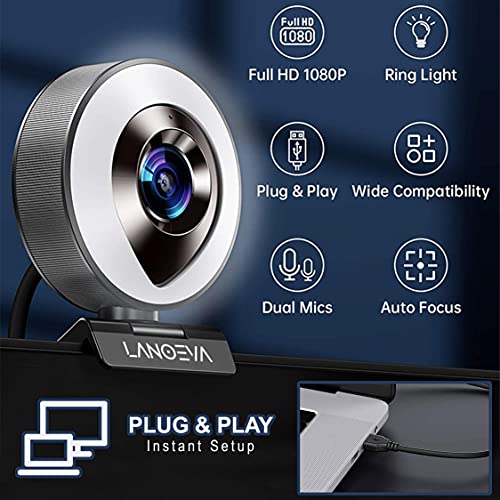 1080p Webcam With Ring Light and Microphone - Full HD Steaming Web Camera with Adjustable Lights, Advanced Autofocus & Tripod Mount for Conferencing/Streaming/Gaming/Calling, PC/Mac Zoom/Skype
