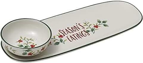 Winterberry Season's Greetings Serving Tray with Dip Bowl
