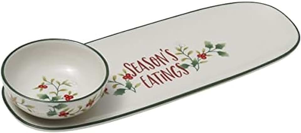 Winterberry Season's Greetings Serving Tray with Dip Bowl