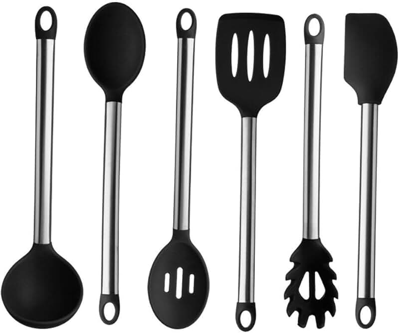Six-piece black silicone and stainless steel kitchen utensil set