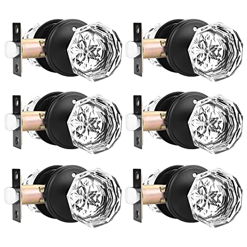 6 Pack Gl Door Knobs with Flat Black Rosette, Bath/Bed Door Knobs for Privacy Use, Keyless In or Door Handles with Diamond Shape Crystal Gl and Zinc Alloy Base
