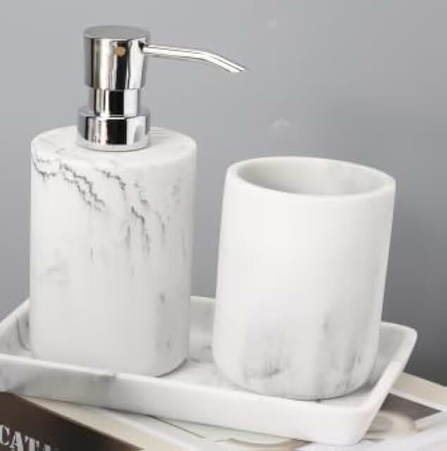 Bathroom Accessory Set with Dispenser, Toothbrush Holder, Vanity Tray