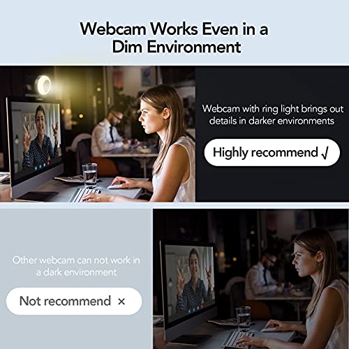 Webcam with Ring Light, AutoFocus FHD 1080P Webcam with Microphone, 2 Colors and 3-Level Brightness, Plug and Play Computer Camera, Streaming Web Camera for Laptop MacBook PC for Zoom, Skype