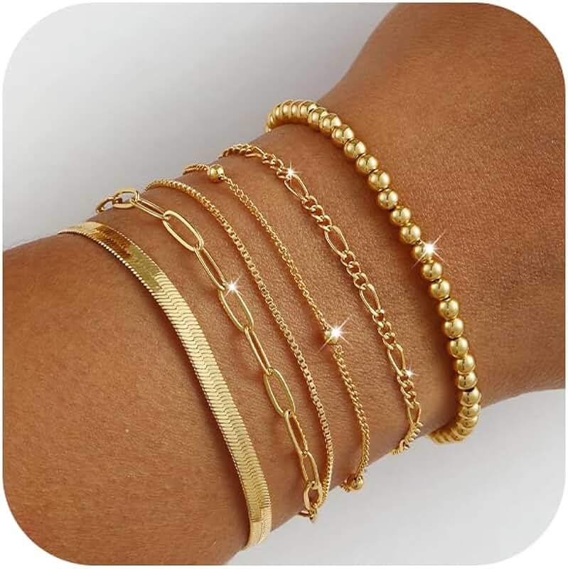 Waterproof 14K Gold Plated Dainty Layered Bracelets for Women