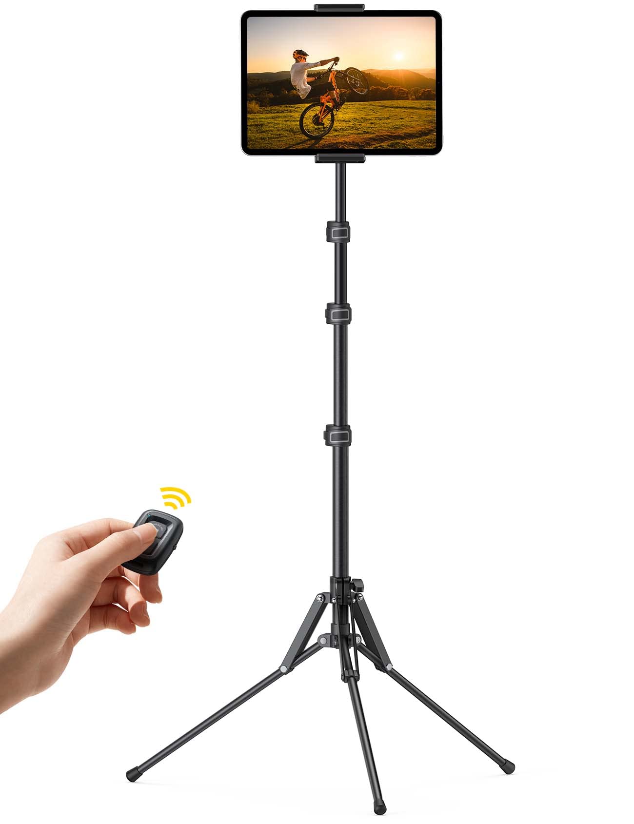 Tablet Floor Tripod Stand - 64.9" Tablet Holder Mount with Adjustable Height for Stream/Watching with Bluetooth Remote, for iPad Pro 12.9, Mini, Air, iPhone and 4.7-13" Tablet and Cellphone