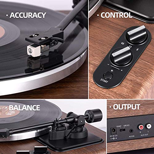 1 ONE High Fidelity Belt Drive Turntable with Built-in Speakers, Vinyl Record Player with Magnetic Cartridge, Bluetooth Playback and Aux-in Functionality, Auto Off