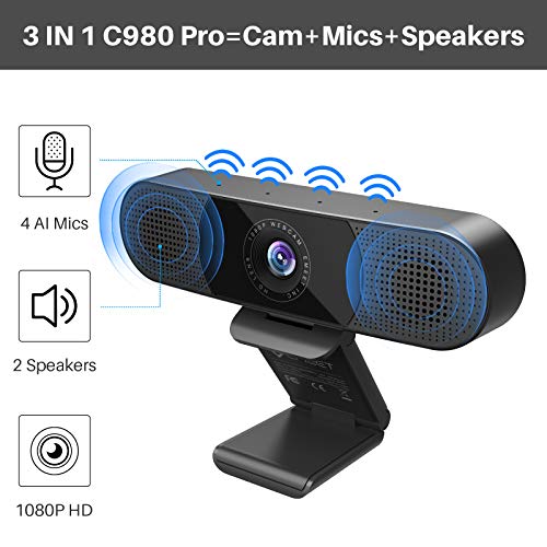 3 in 1 Webcam - 1080P Webcam with Microphone and Speakers, Noise Reduction, Auto Low Light Correction W/Cover, C980 Pro USB Camera Webcam 90 for Video Conferencing Streaming/Gaming/Class