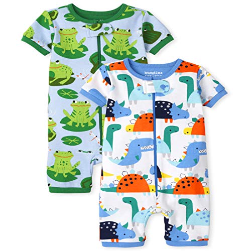 The Children s  Baby and Toddler Boys Dino Frog Snug Fit Cotton Cropped One Piece Pajamas 2-Pack, White, 0-3 Months