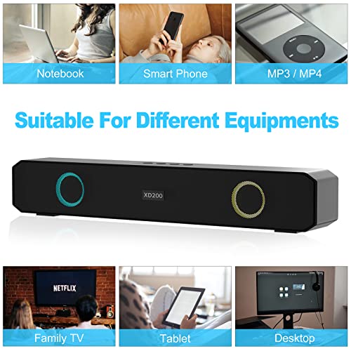 Portable Bluetooth Speaker, Home Wireless Sound Bar with Multi-Color Flashing Lights Compatible for PC, Laptop, Smartphones