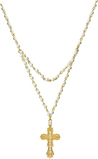 Gold Cross Necklace with Pearl Beads for Women