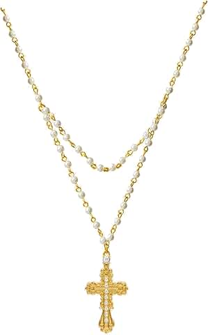 Gold Cross Necklace with Pearl Beads for Women