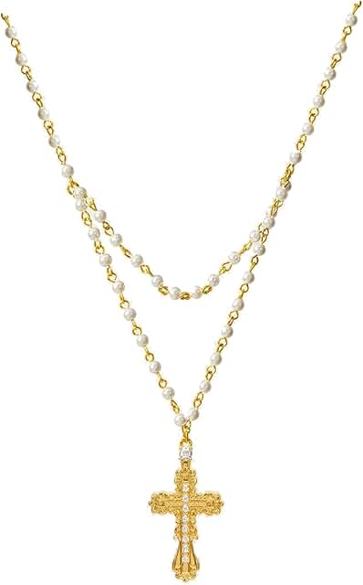 Gold Cross Necklace with Pearl Beads for Women