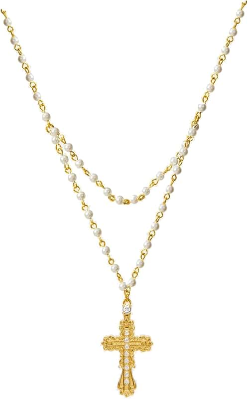 Gold Cross Necklace with Pearl Beads for Women