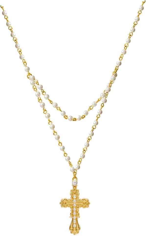 Gold Cross Necklace with Pearl Beads for Women