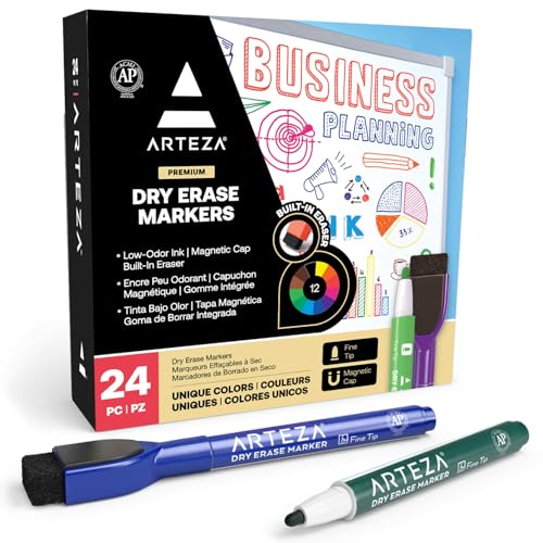 24 Assorted Color Fine Tip Dry Erase Markers with Erasers
