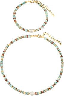 Handmade Woven Stone Bead Pearl Pendant Necklace and Bracelet Set
