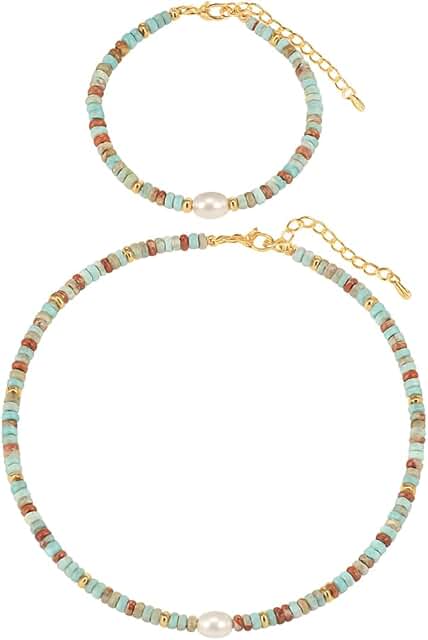 Handmade Woven Stone Bead Pearl Pendant Necklace and Bracelet Set