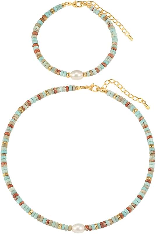 Handmade Woven Stone Bead Pearl Pendant Necklace and Bracelet Set