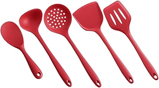 Set of five red silicone kitchen utensils for non-stick cookware