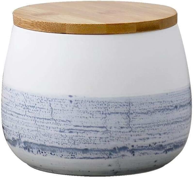 White ceramic food storage jar with wooden lid, 700ml