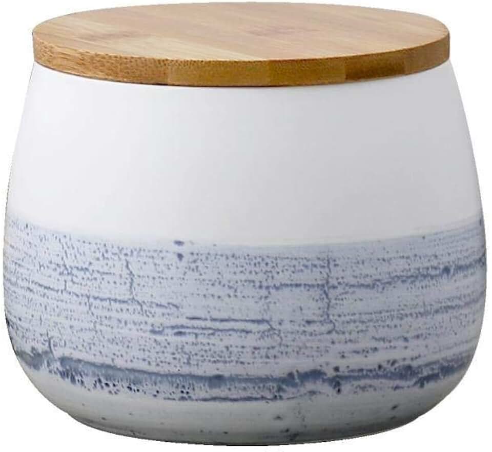 White ceramic food storage jar with wooden lid, 700ml