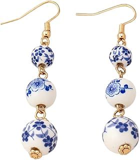 Blue and White Floral Bead Dangle Earrings