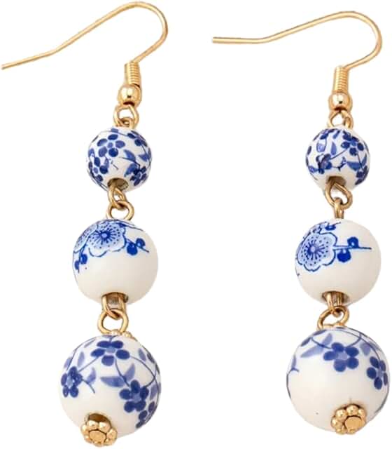 Blue and White Floral Bead Dangle Earrings