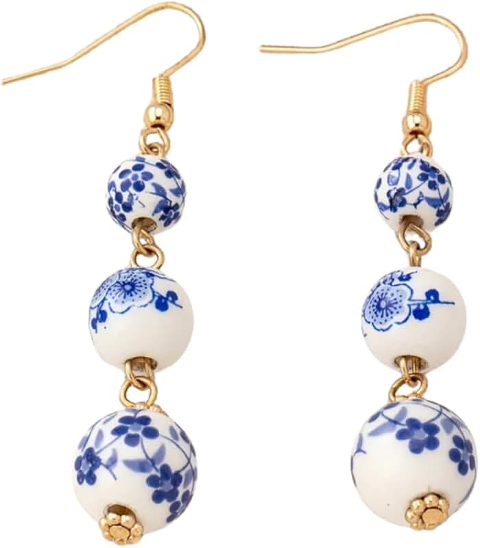 Blue and White Floral Bead Dangle Earrings