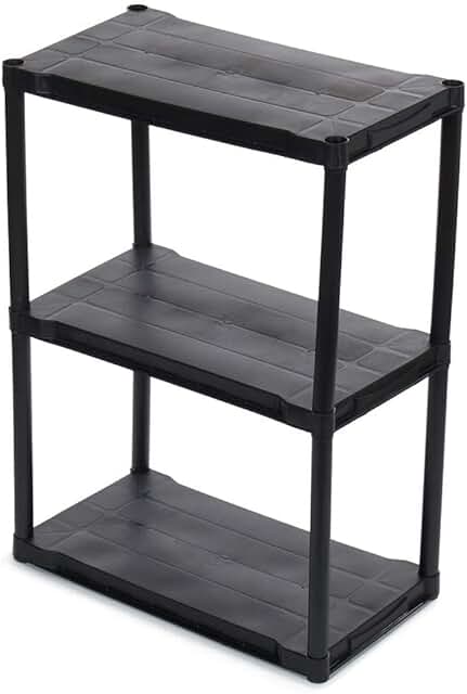 Three-tier black plastic storage shelf