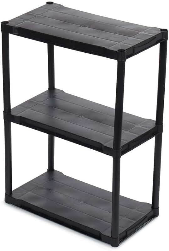Three-tier black plastic storage shelf