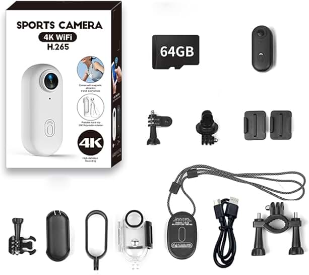4K Mini Action Camera with 64GB, Wearable, 360° Clip