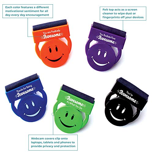Web Cam Privacy Cover Includes Screen Cleaner - 5 Pack - Smiley Assorted Colors - Employee Appreciation Recognition Thank You Gift by