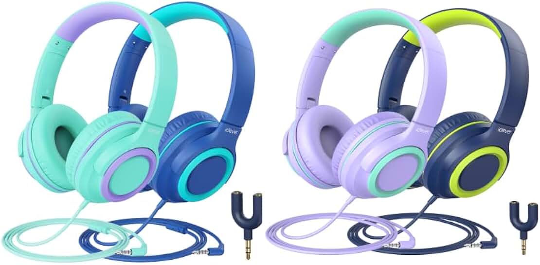 Kids headphones with splitter, tangle-free, foldable stereo