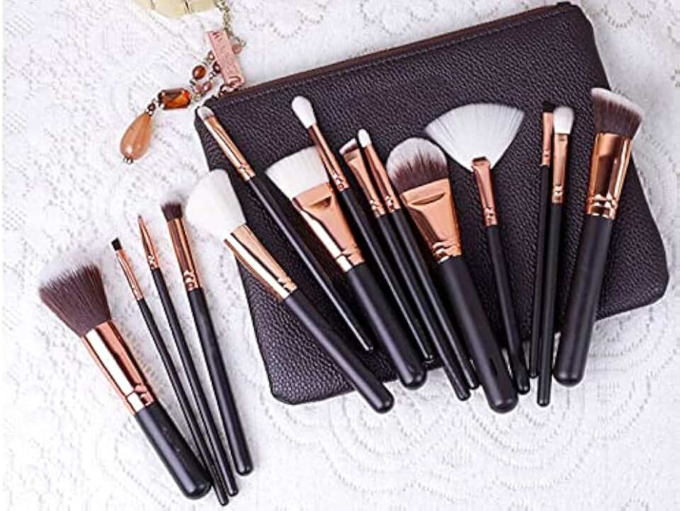 15-Piece Rose Gold Makeup Brush Set with Natural Hair