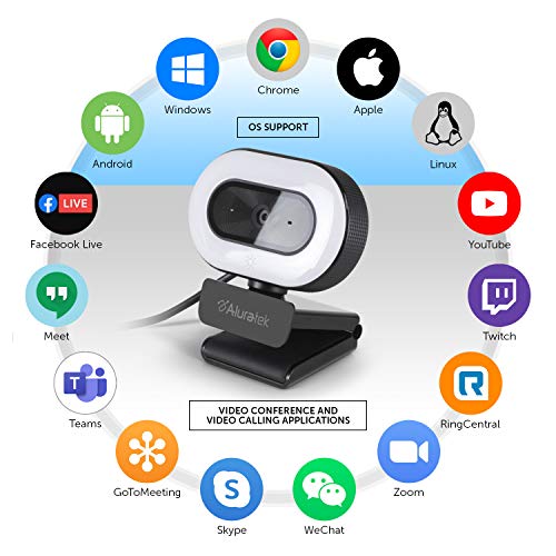 1080p HD Webcam with Ring Light, Auto Focus and Directional Noise Cancelling Mic, Universally Compatible, LED Adjustable Ring Light