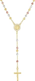 Tri-Color Gold Rosary Necklace with Cross and Crystal Medallion