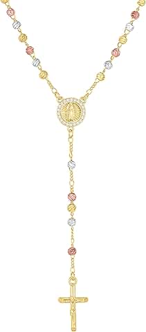 Tri-Color Gold Rosary Necklace with Cross and Crystal Medallion