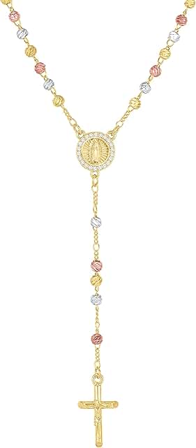 Tri-Color Gold Rosary Necklace with Cross and Crystal Medallion