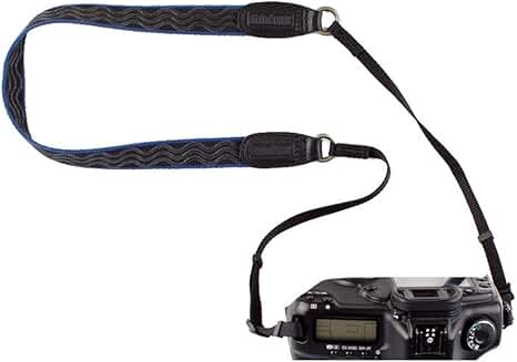 Black and blue camera strap