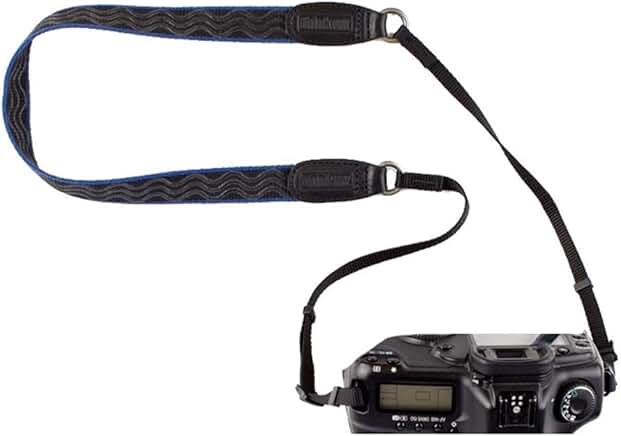 Black and blue camera strap