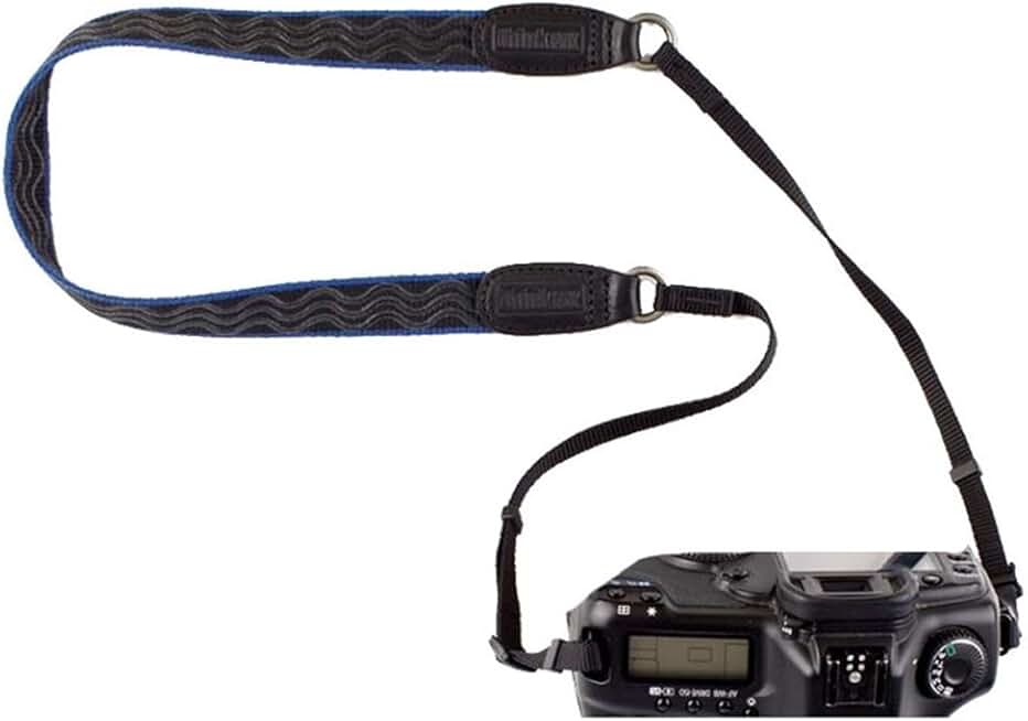 Black and blue camera strap