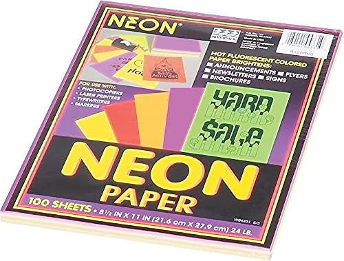 Assorted Neon Colored Bond Paper, 100 Sheets