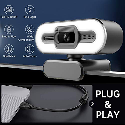 HD Webcam 1080P with Ring Light,Video Web Camera Built-in Microphone,Auto Focus,Adjustable Brightness,110 Degree Wide,Screen,Wide 360 Rotating Base,30 FPS Streaming Cam with Tripod, Plug and Play