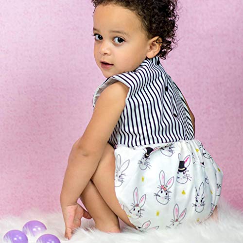 Baby Girl Summer  Outfit Cartoon Bunny Sleeveless Striped Romper Bodysuit with Bowknot White