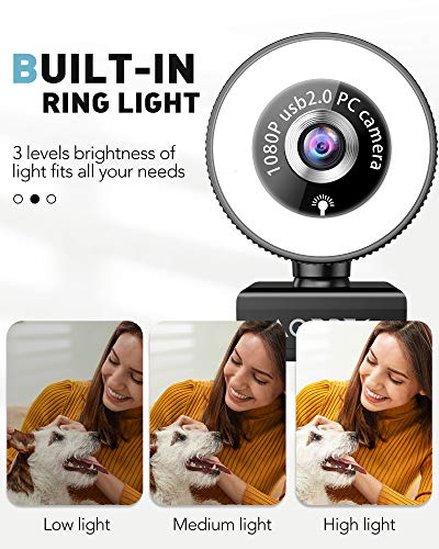 Webcam with Ring Light, 1080P USB Web Camera with Microphone, 3-Level Adjustable Brightness and Privacy Cover, Plug and Play Streaming Computer Camera for Zoom/Skype/Video Conferencing/Teachin