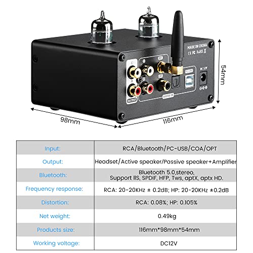 T10 JAN5654 Tube Vacuum Preamplifier Audio Decoder Bluetooth 5.0 HiFi Headphone Amp with PC-USB APTX Coaxial Optical Input & OLED Display for Home Audio Amplifier