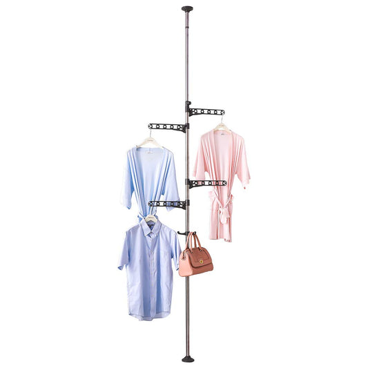 Adjustable Laundry Pole Clothes Drying Rack Coat Hanger DIY Floor to Ceiling Tension Rod Storage Organizer for Indoor, Balcony  Grey